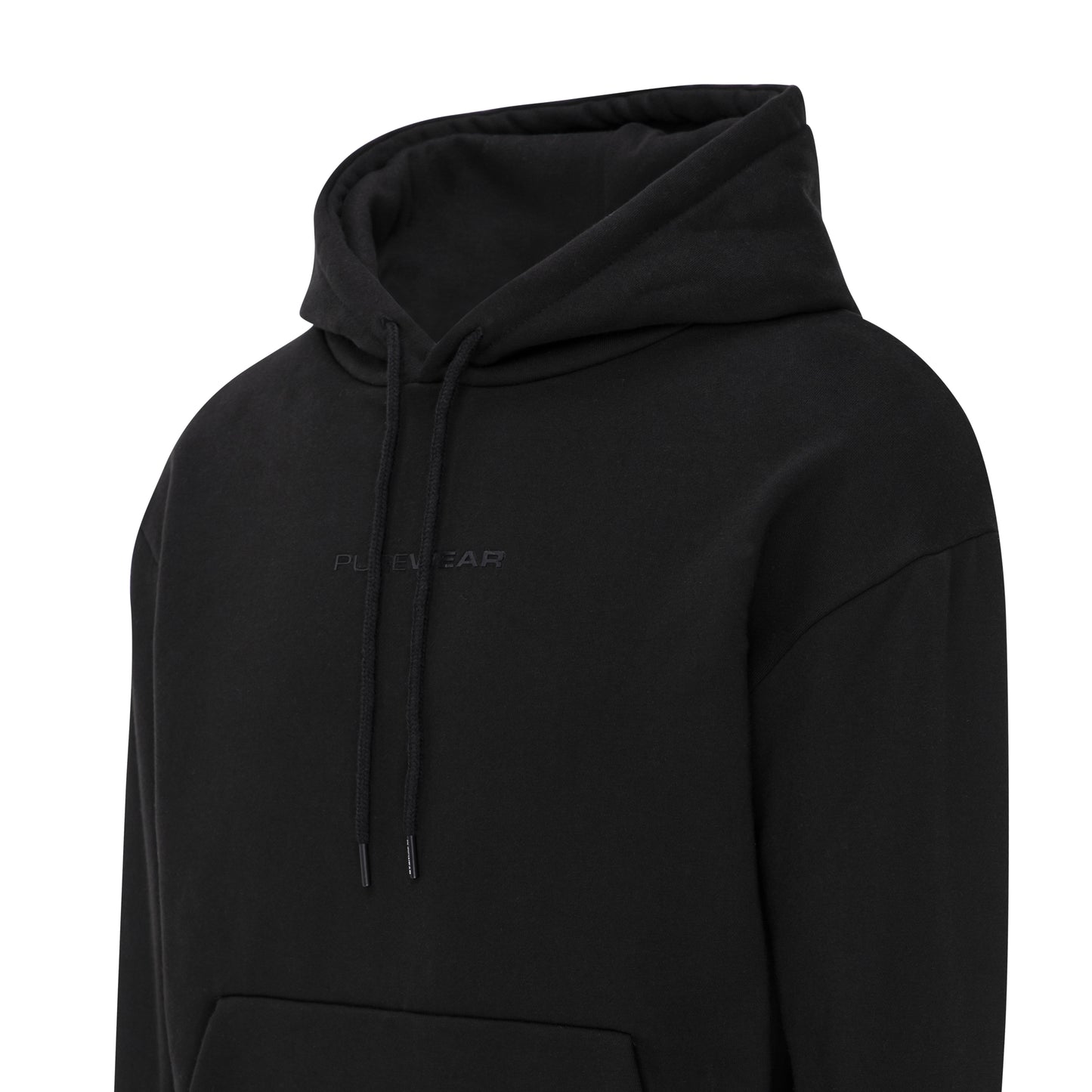 Purewear Black hoodie with a brand logo on a white background