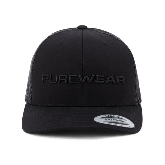 Black cap with 'PUREWEAR' logo on a white background