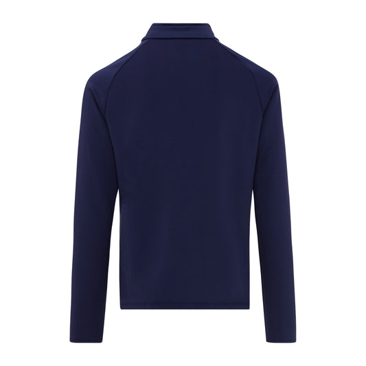 Navy blue long-sleeve TECH QUARTER ZIP shirt on a white background