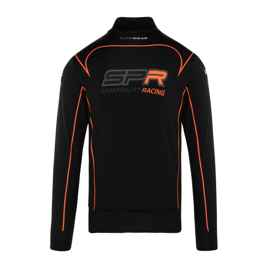 Purewear Black jacket with orange accents and 'Sam Pollett Racing' logo on a white background