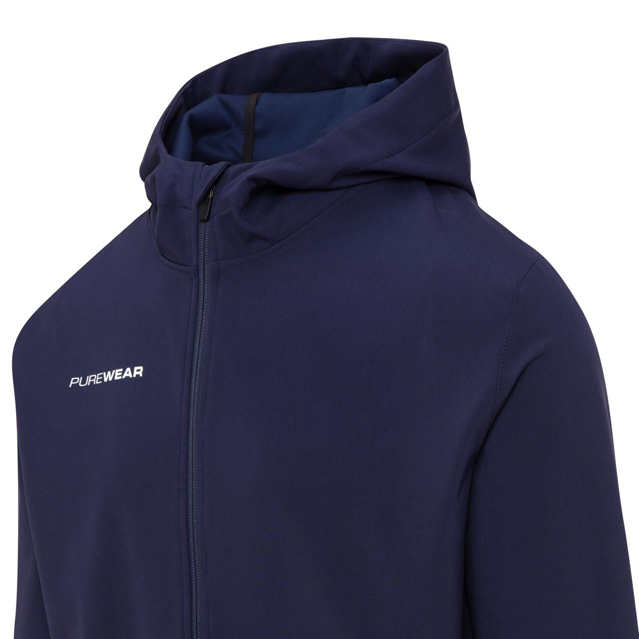 Navy blue hoodie with 'PUREWEAR' logo on a white background