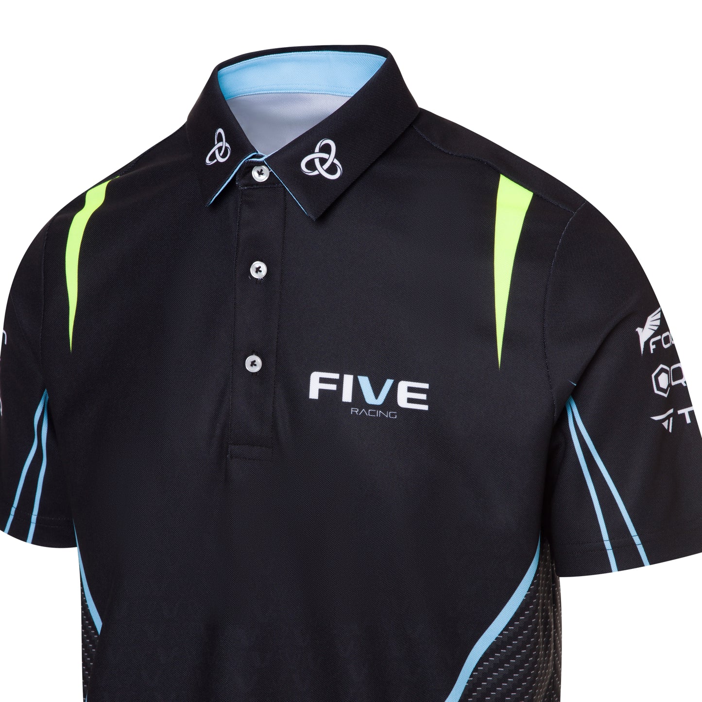 Black racing shirt with 'FIVE' branding on a white background