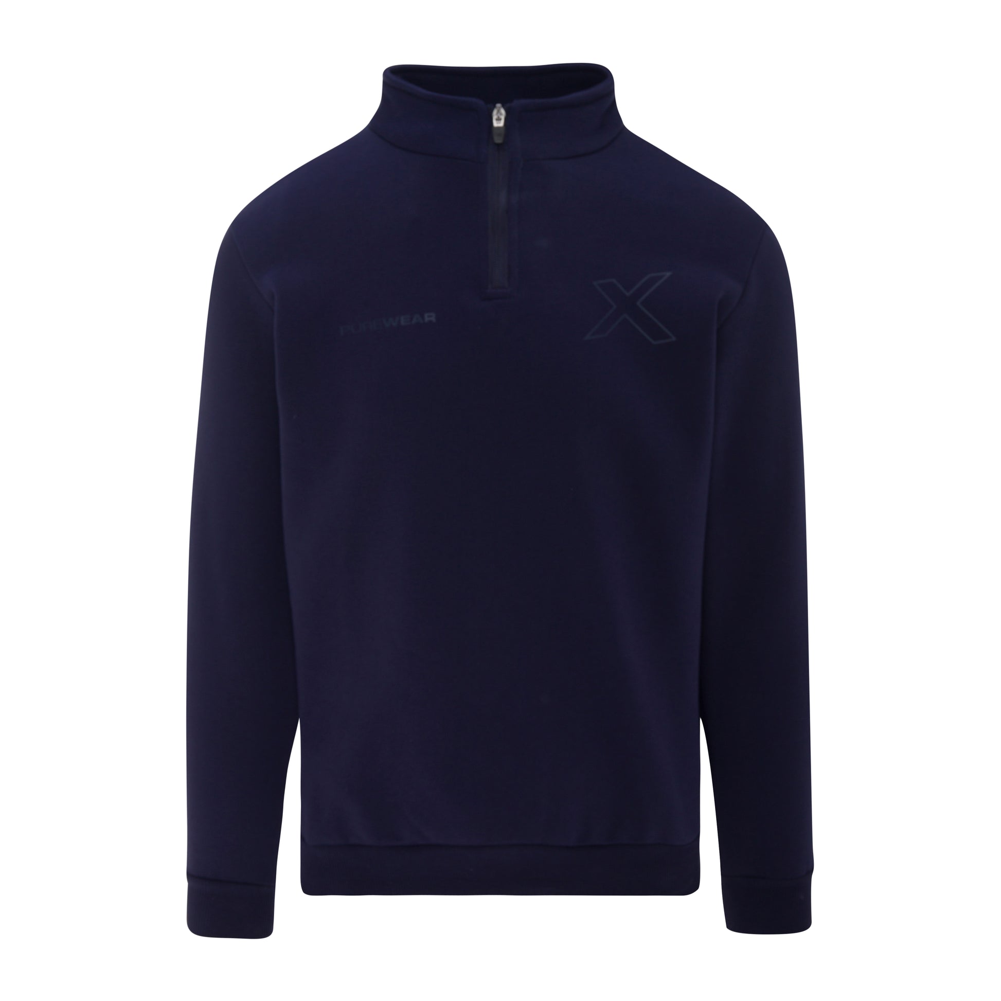 Navy blue pullover with a custom logo on a white background