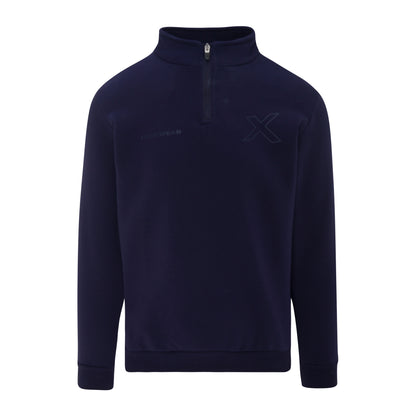 Navy blue pullover with a custom logo on a white background