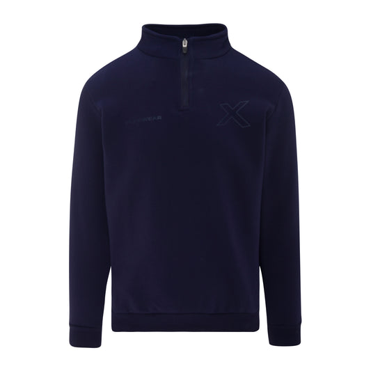 Navy blue pullover with a custom logo on a white background