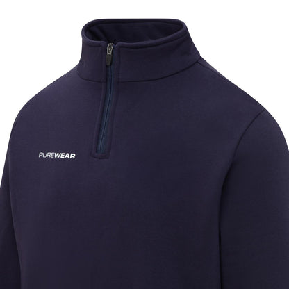 Navy blue pullover with a quarter zip and 'PUREWEAR' logo on a white background