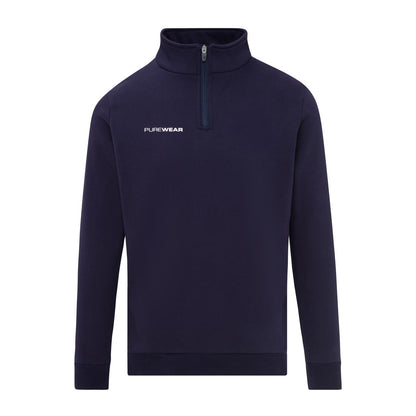 Navy blue pullover with a quarter zip and 'PUREWEAR' logo on a white background