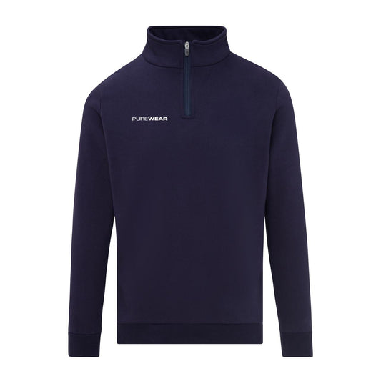 Navy blue pullover with a quarter zip and 'PUREWEAR' logo on a white background