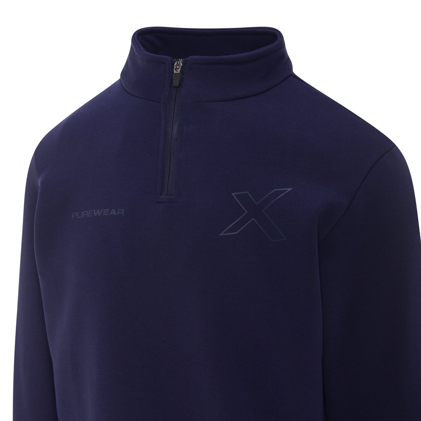 Navy blue pullover with logos of purewear and xcel motrsportson a white background