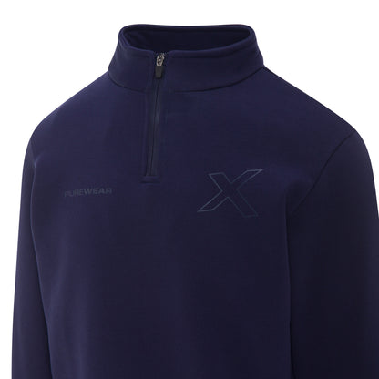 Navy blue pullover with logos of purewear and xcel motrsportson a white background