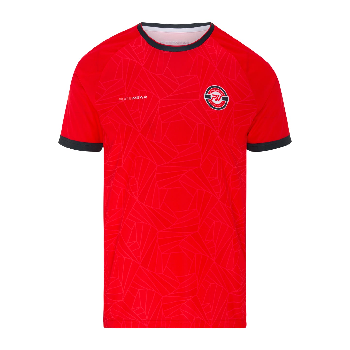 Red sports jersey with geometric pattern and logo on a white background by purewear