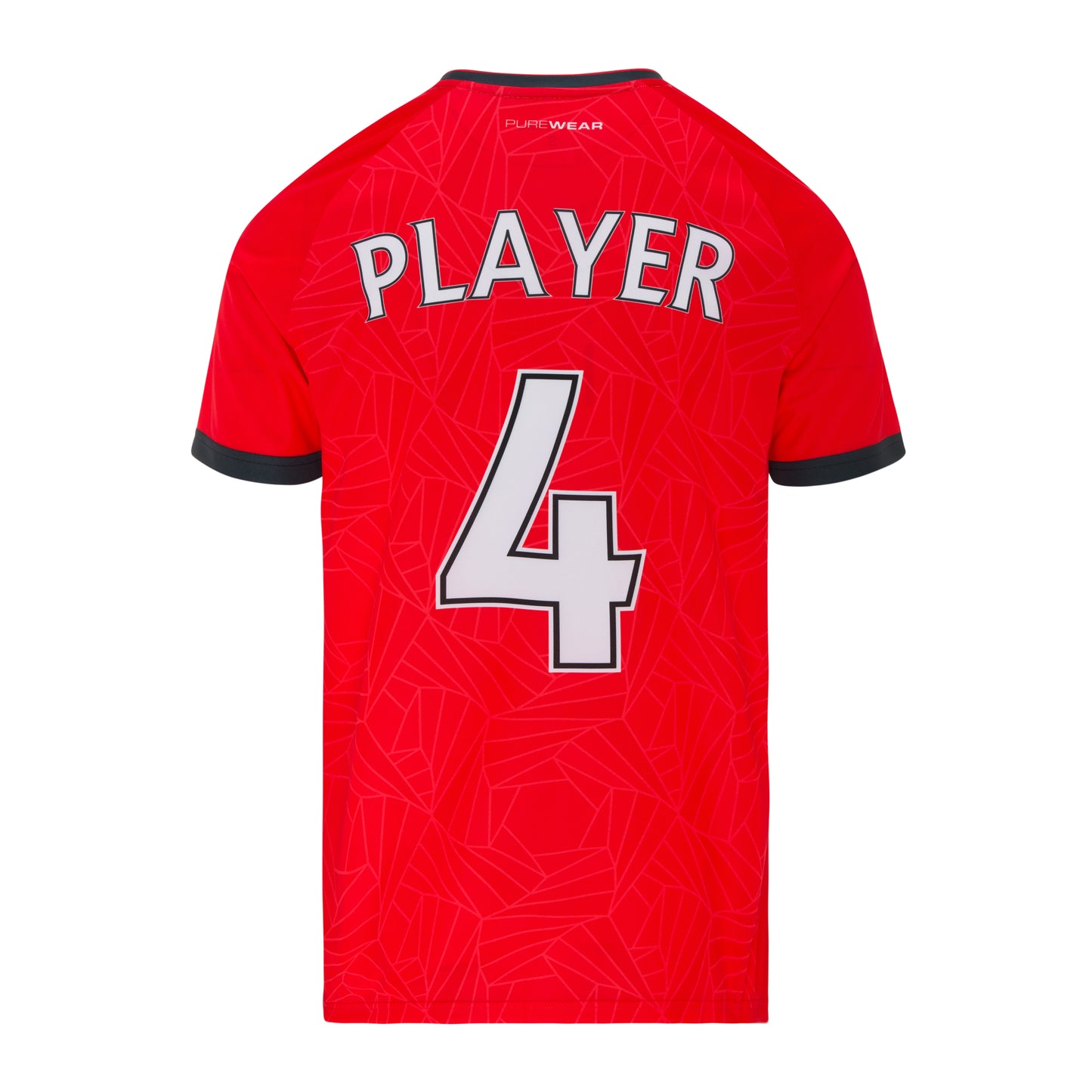Custom Purewear Red sports jersey with number 4 and 'PLAYER' text on a white background