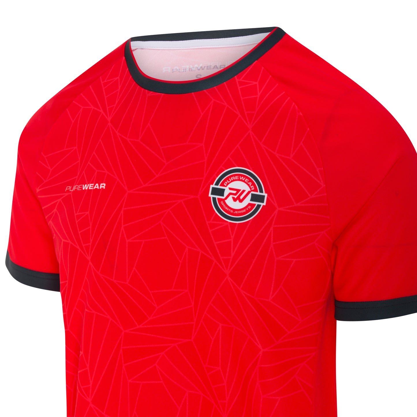 Purewear Red sports jersey with geometric pattern and logo on a white background