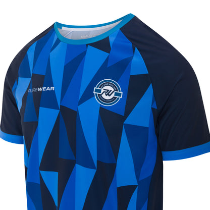 Blue and black sports jersey with geometric pattern and brand logo on a white background