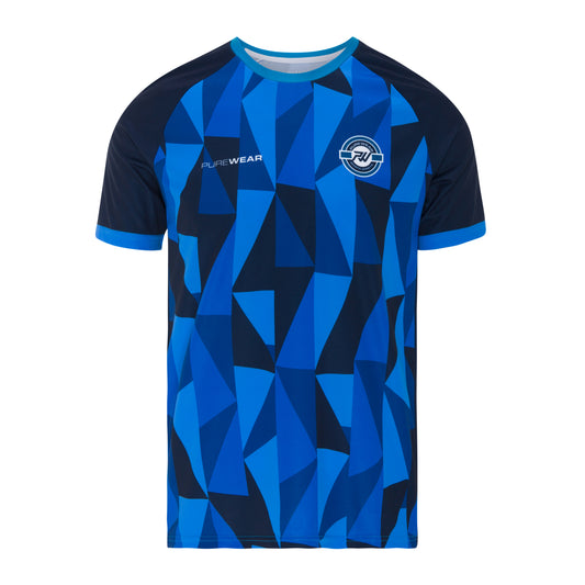 Blue and black geometric patterned sports jersey with 'Purewear' branding on a white background
