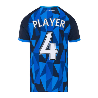 Blue and black sports CUSTOM jersey with number 4 and 'PLAYER' text on a white background