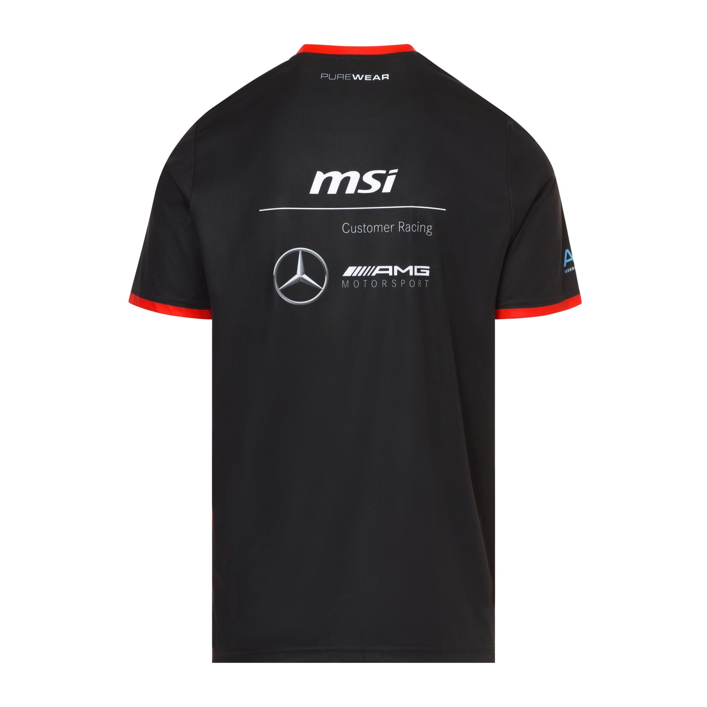 Black t-shirt with MSI and Mercedes-Benz logos on a white background by purewear