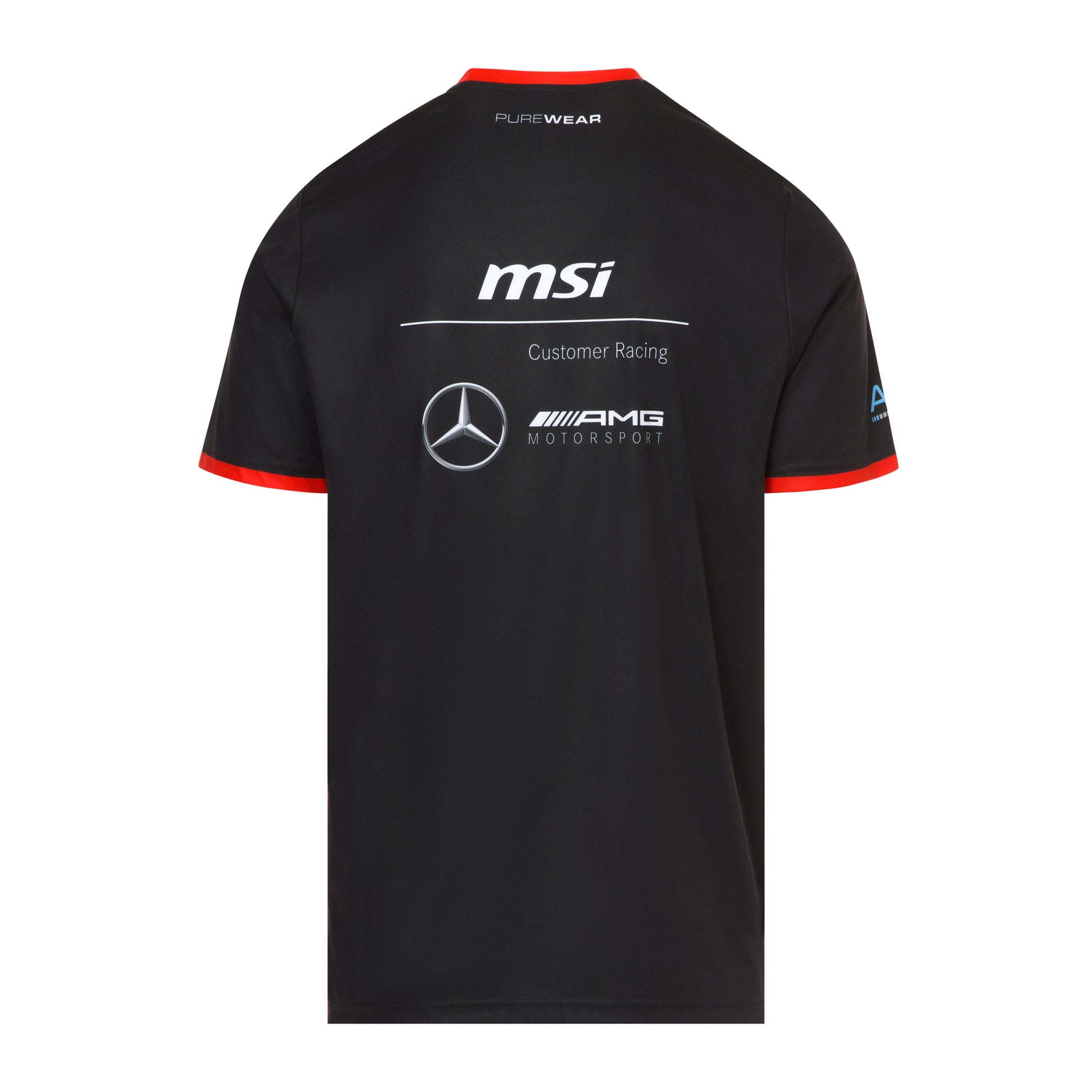 Black t-shirt with MSI and Mercedes-Benz logos on a white background by purewear