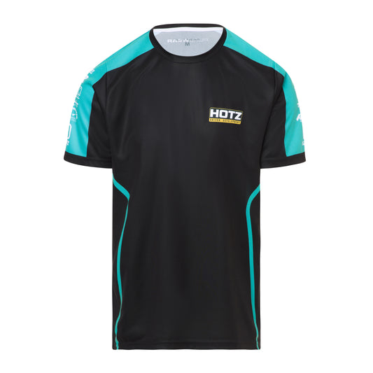 Black and teal sports shirt with 'HOTZ' logo on a white background by purewear