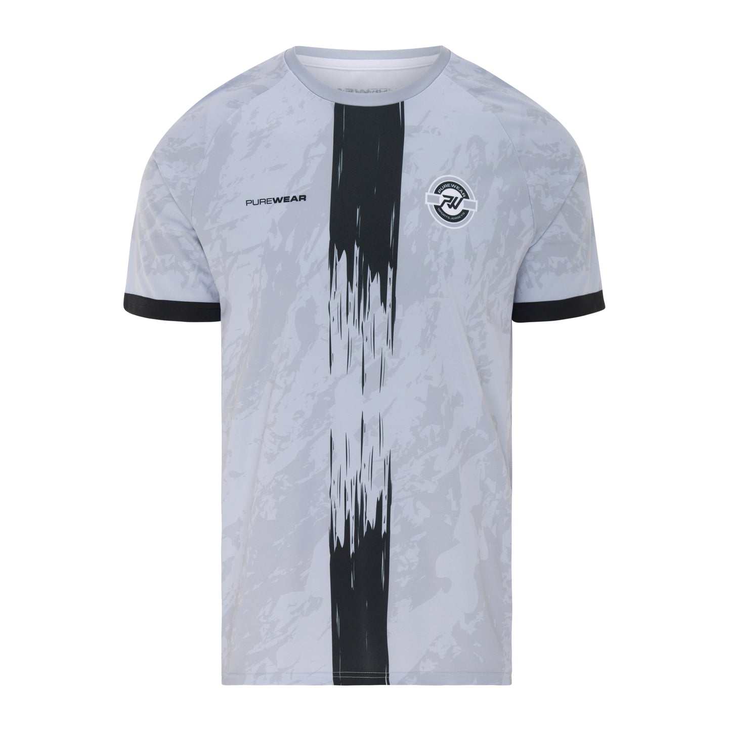 Purewear Gray t-shirt with black and white design on a white background