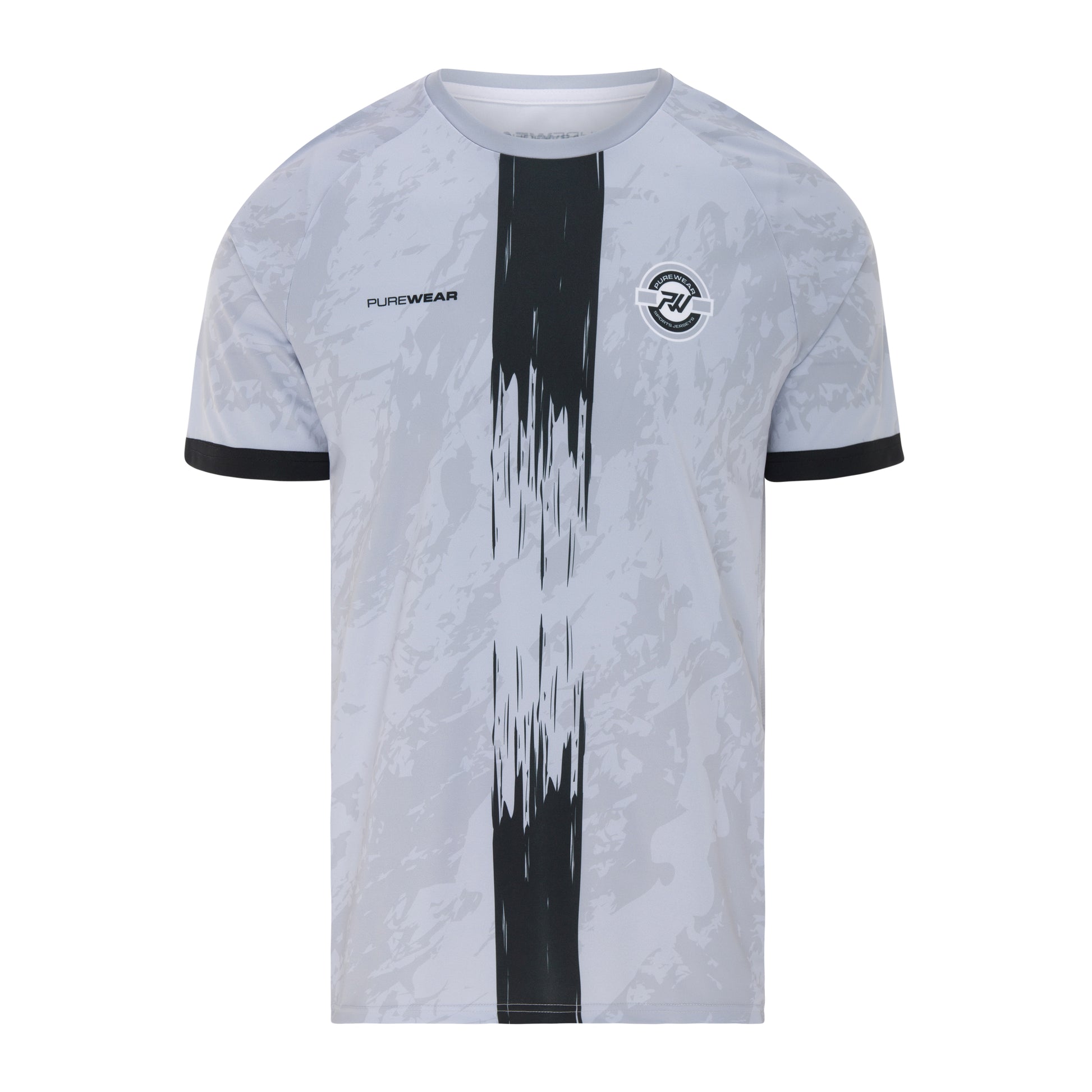Purewear Gray t-shirt with black and white design on a white background