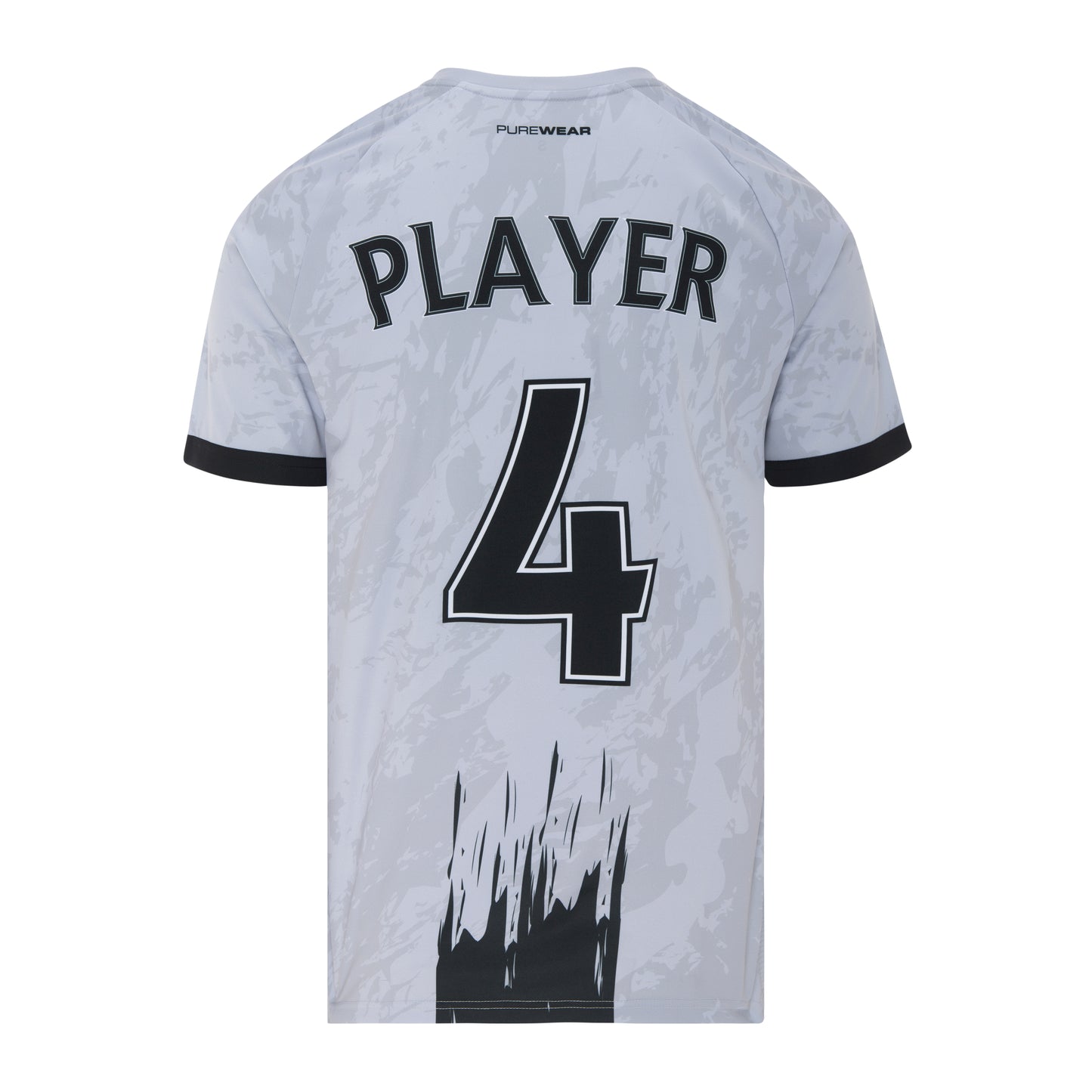Gray sports jersey with black numbering and text on a white background