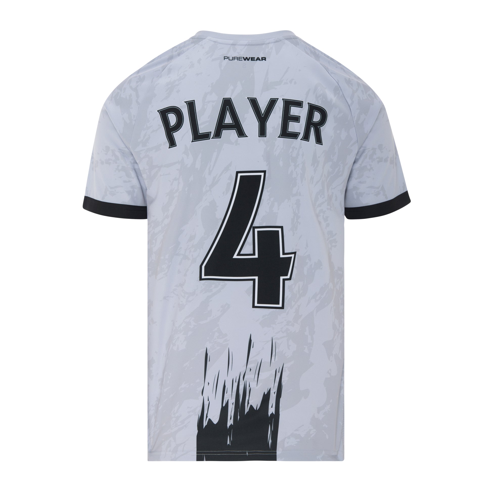 Gray sports jersey with black numbering and text on a white background