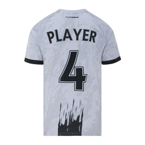 Gray sports jersey with black numbering and text on a white background