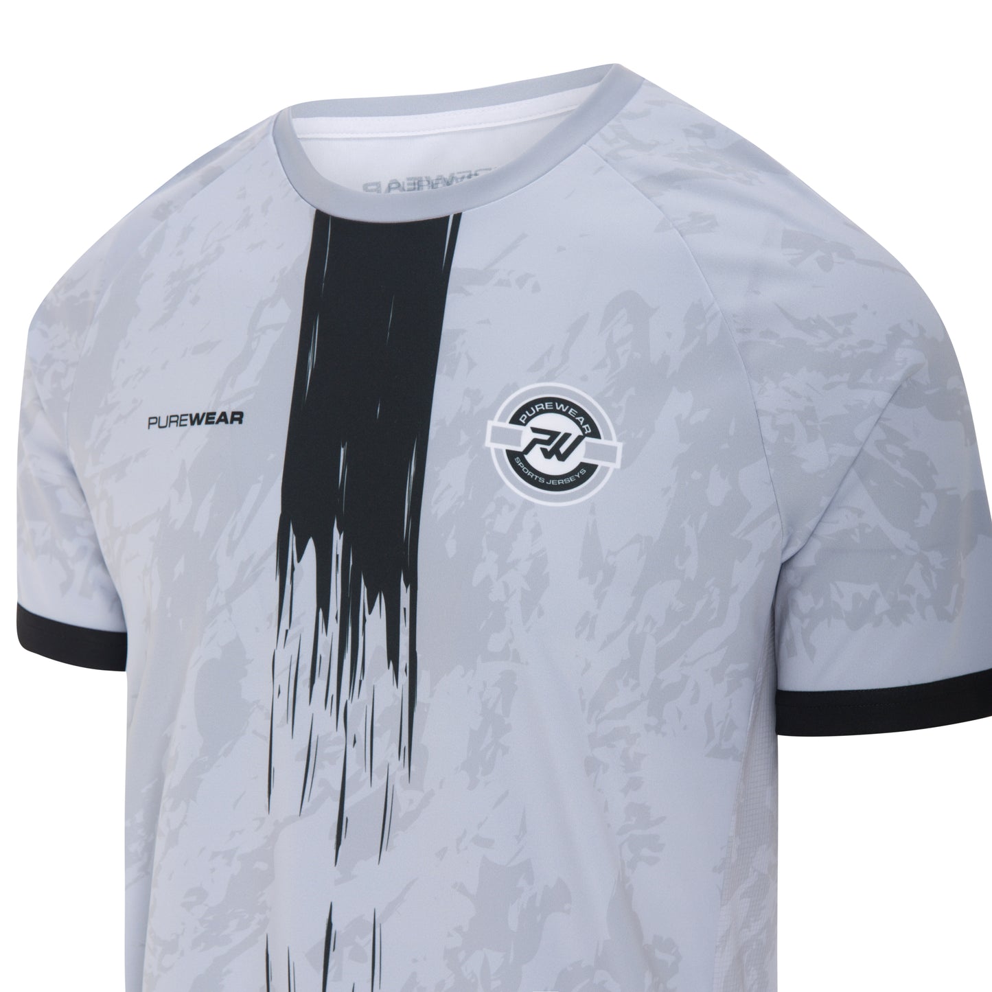 Gray sports jersey with black accents and a logo on a white background
