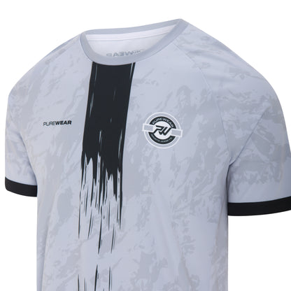 Gray sports jersey with black accents and a logo on a white background