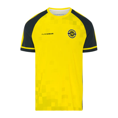 Yellow and black sports jersey with a logo on a white background