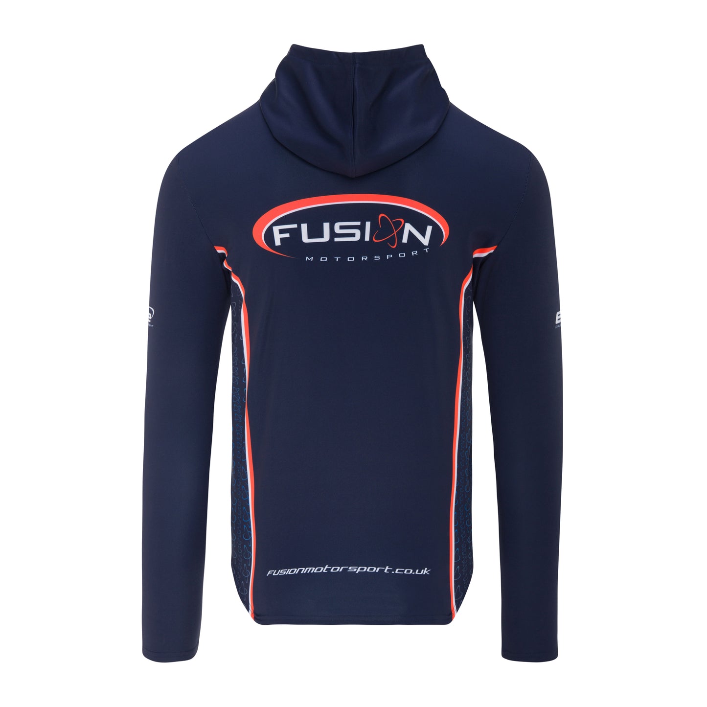 Navy hoodie with Fusion Motorsport logo on a white background