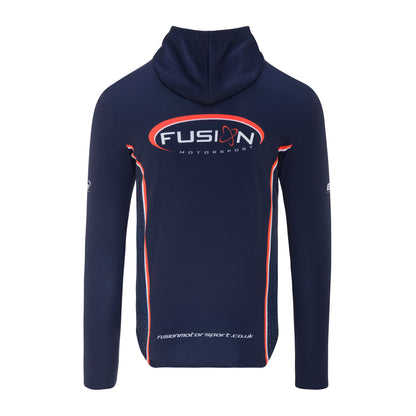Navy hoodie with Fusion Motorsport logo on a white background