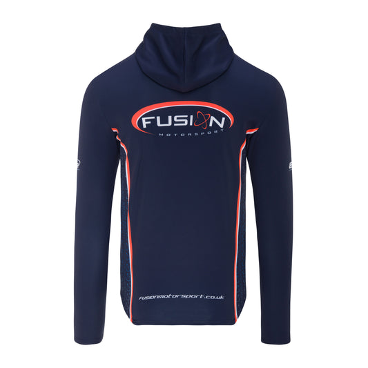Navy hoodie with Fusion Motorsport logo on a white background
