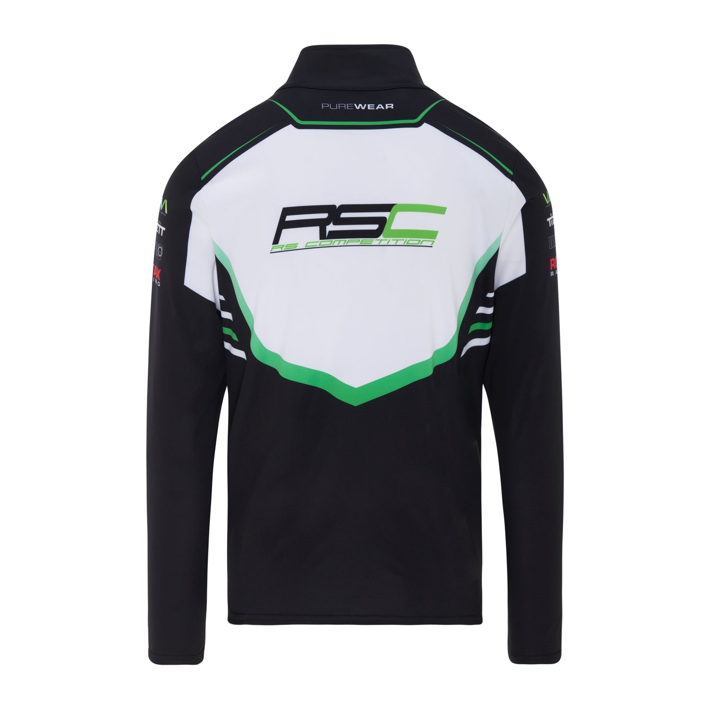 Black and white jacket with green accents and 'RSC' logo on a white background