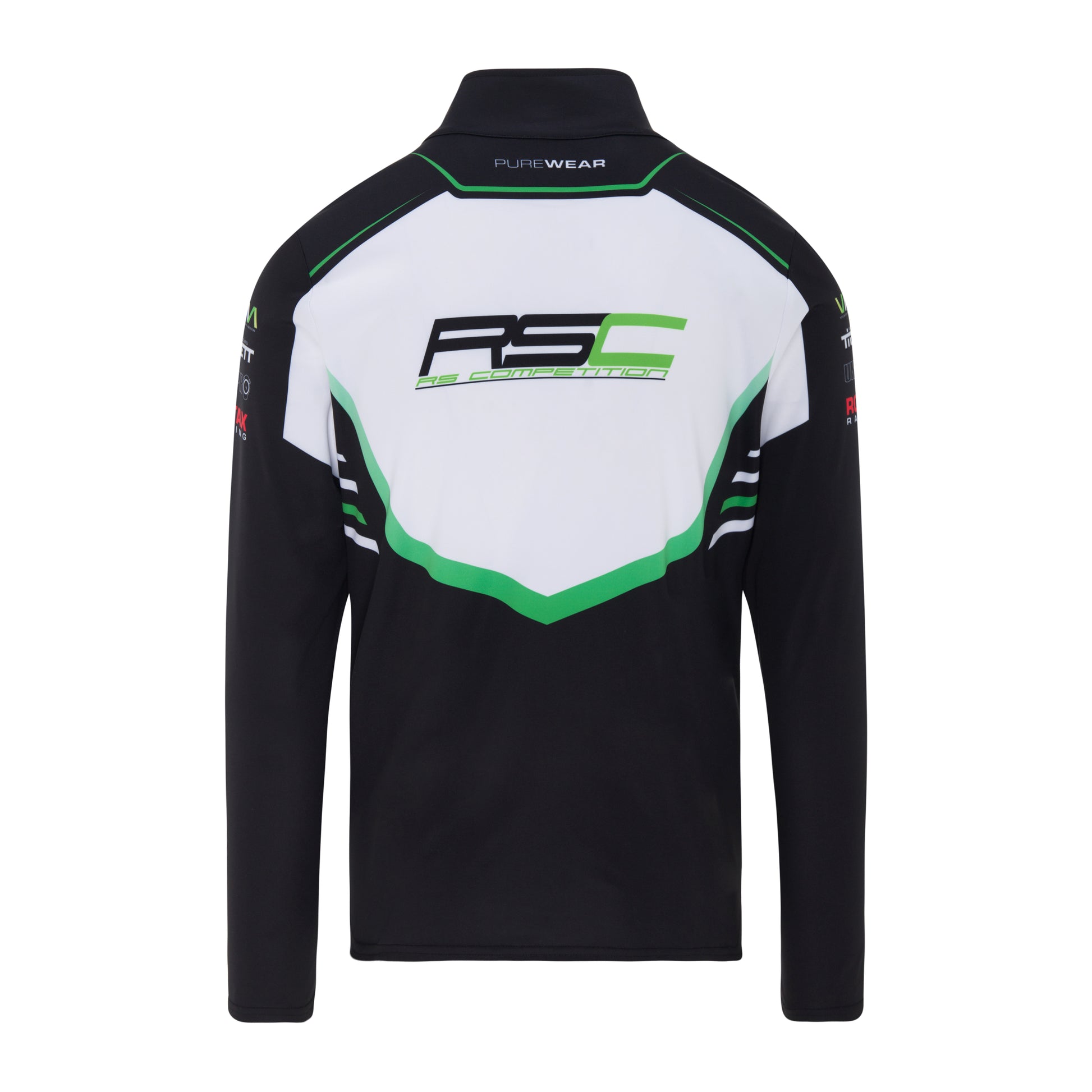 Black and white jacket with green accents and 'RSC' logo on a white background