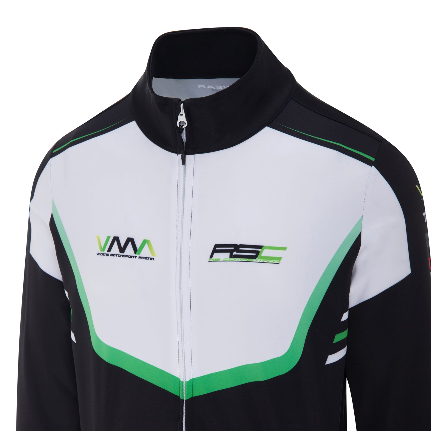 Black, white, and green racing suit with logos on a white background