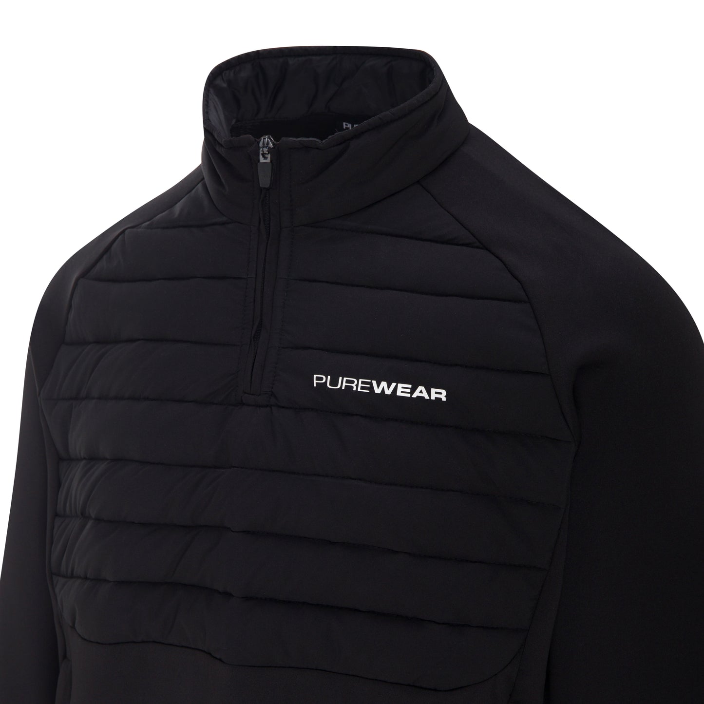 Black puffer jacket with 'PUREWEAR' logo on a white background