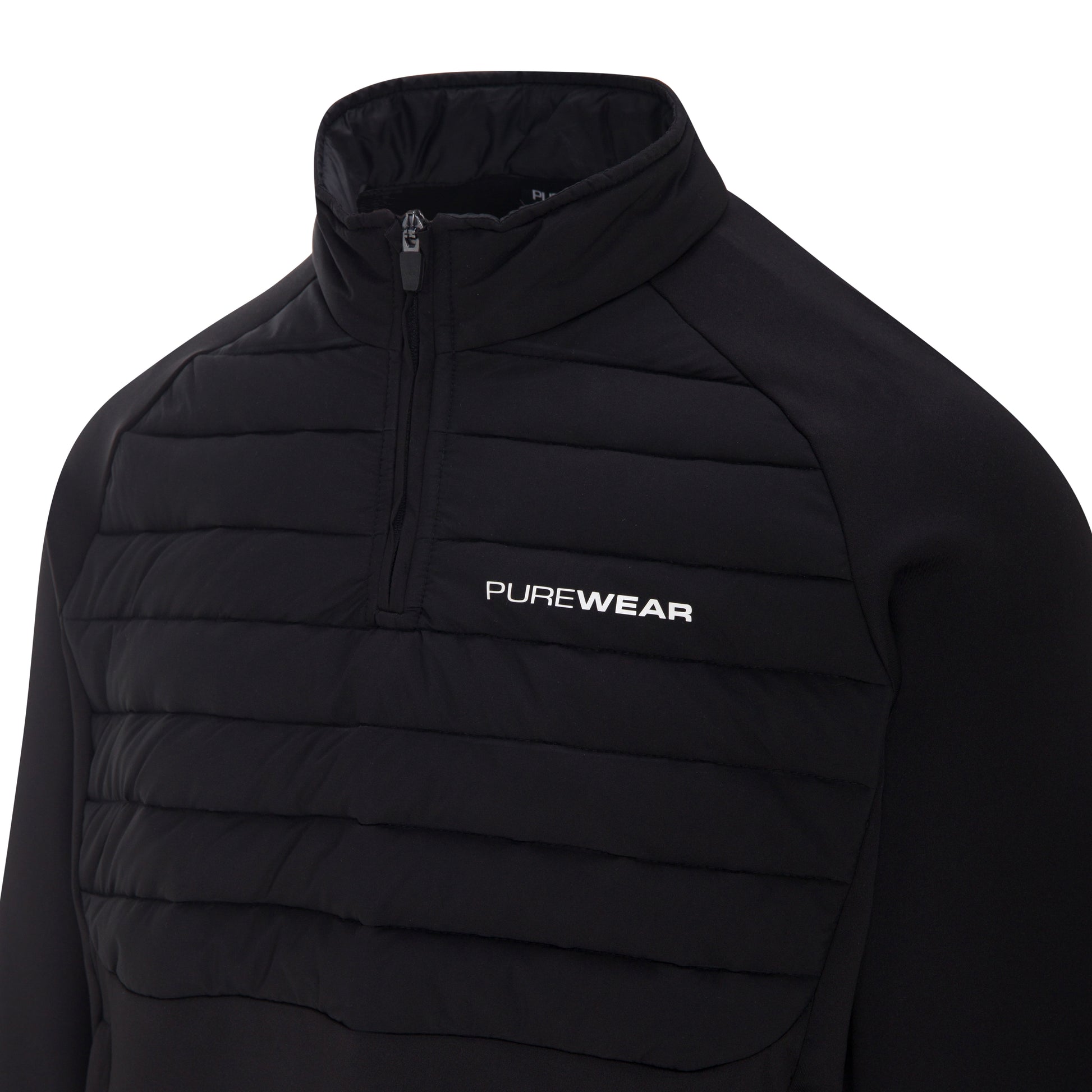 Black puffer jacket with 'PUREWEAR' logo on a white background
