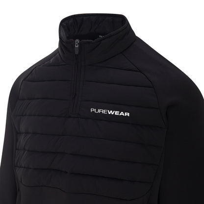 Black puffer jacket with 'PUREWEAR' logo on a white background