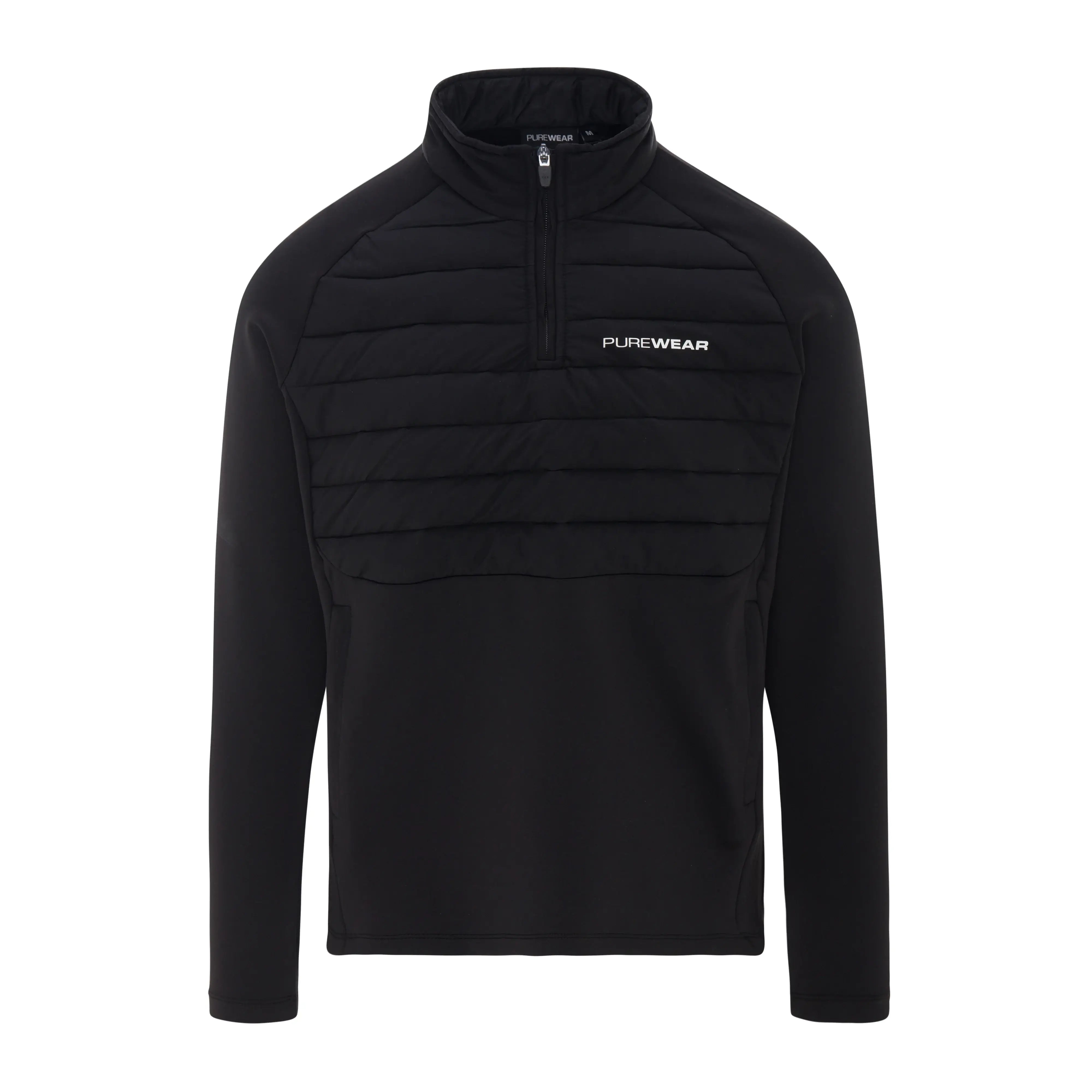 Black puffer jacket with 'PUREWEAR' logo on a white background