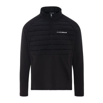 Black puffer jacket with 'PUREWEAR' logo on a white background
