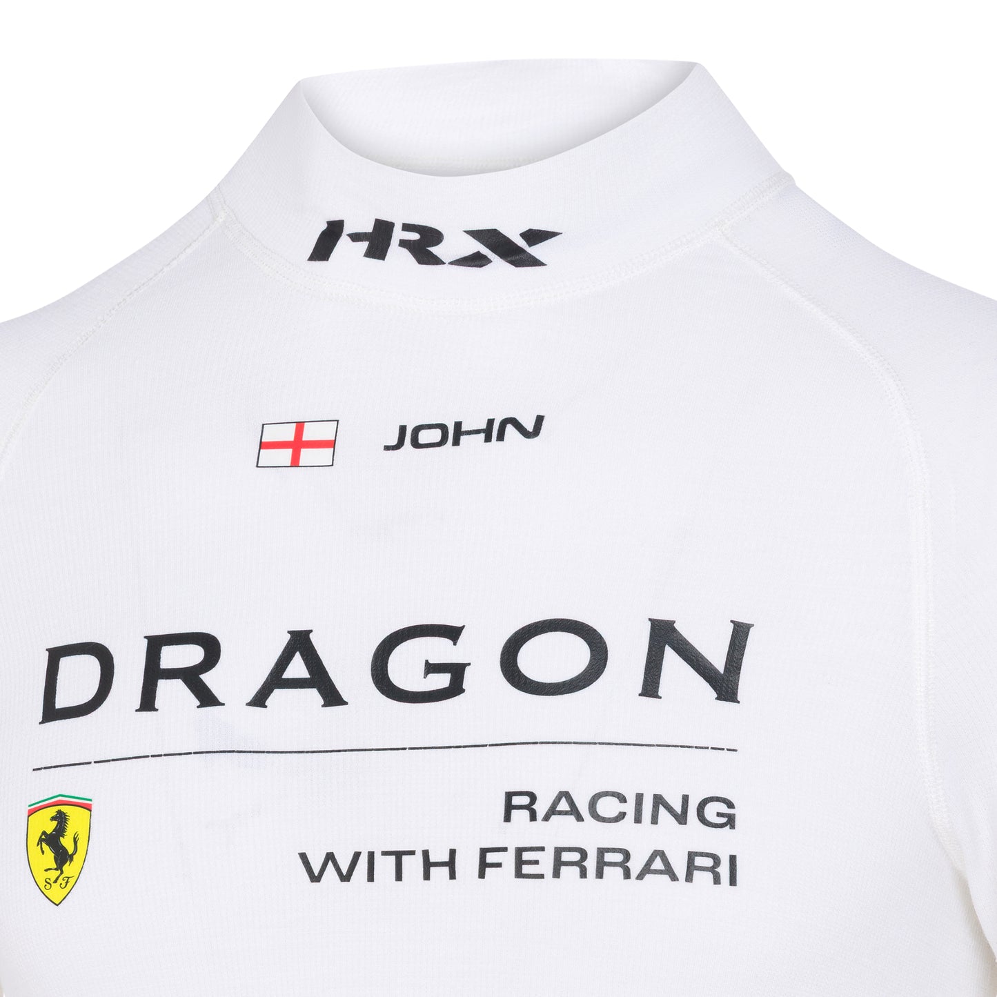 White shirt with branding including 'HRX', 'John', 'Dragon Racing with Ferrari' on a white background