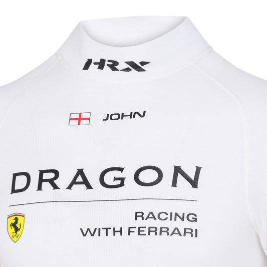 White shirt with branding including 'HRX', 'John', 'Dragon Racing with Ferrari' on a white background