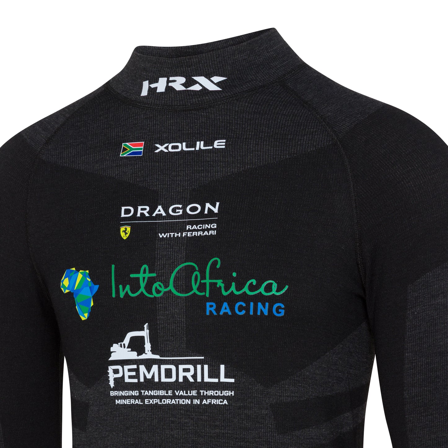 Black racing suit with various sponsor logos on a white background BY purewear racewear collections