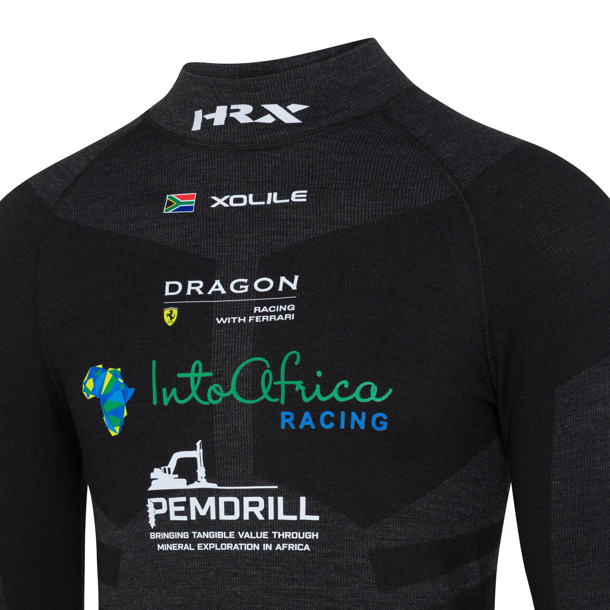 Black racing suit with various sponsor logos on a white background BY purewear racewear collections