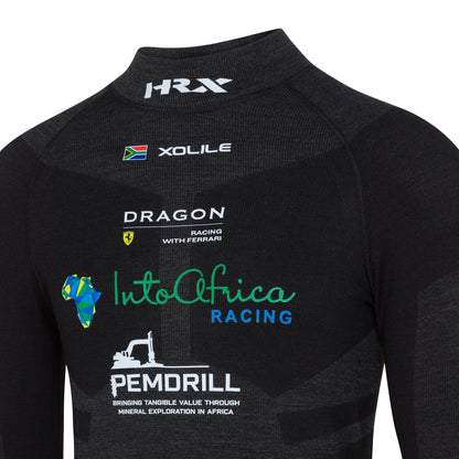 Black racing suit with various sponsor logos on a white background BY purewear racewear collections