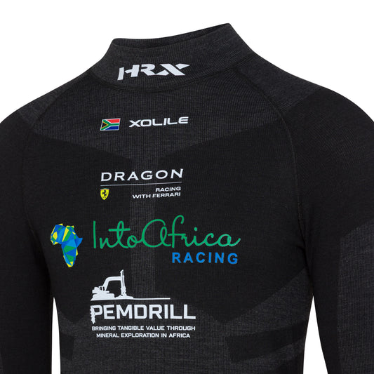 Black racing suit with various sponsor logos on a white background BY purewear racewear collections