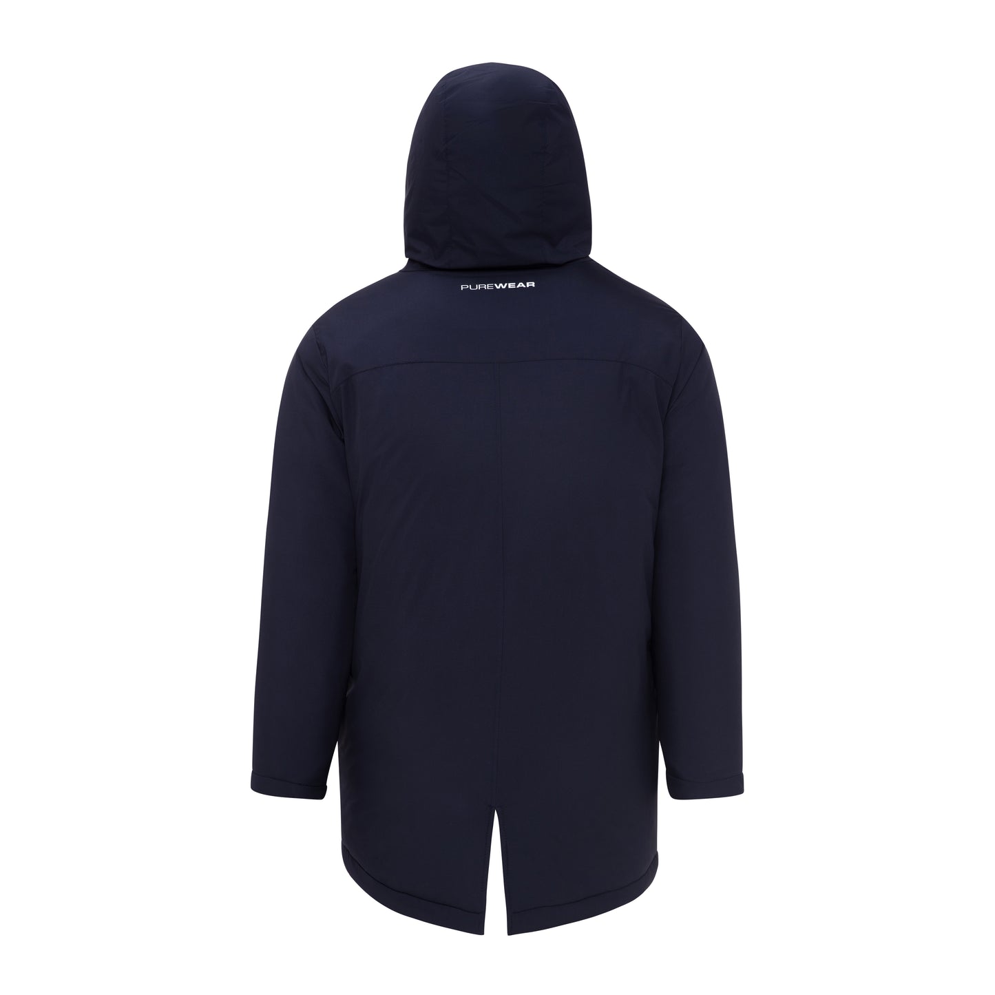 Navy blue parka jacket with a hood on a white background