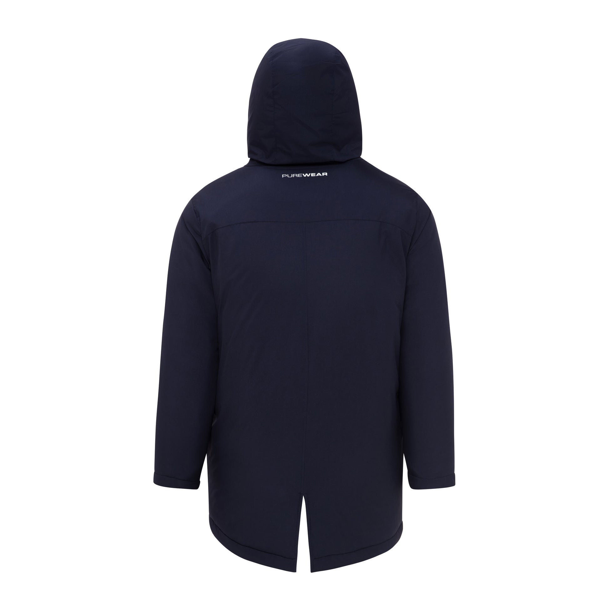 Navy blue parka jacket with a hood on a white background